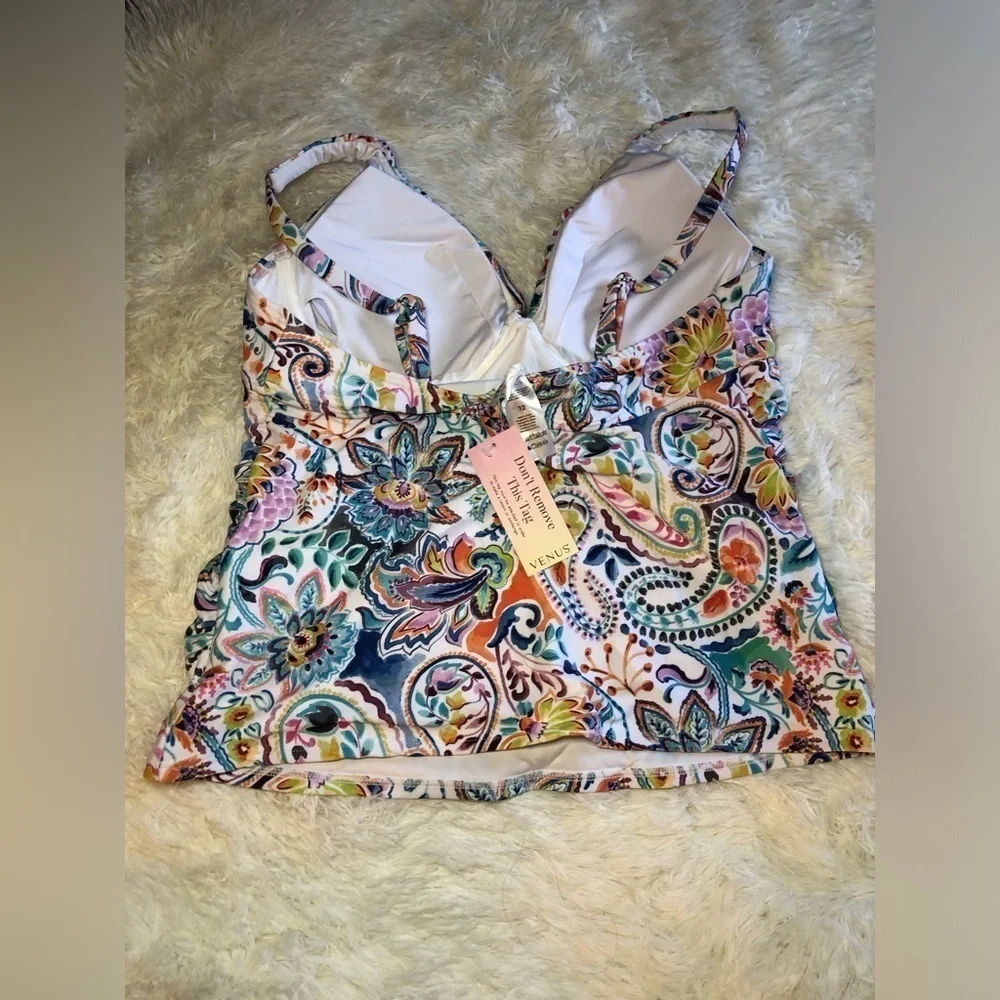 VENUS Blue and Orange Ruched Fitted Floral geometric Bikini tankini size 12 NWT